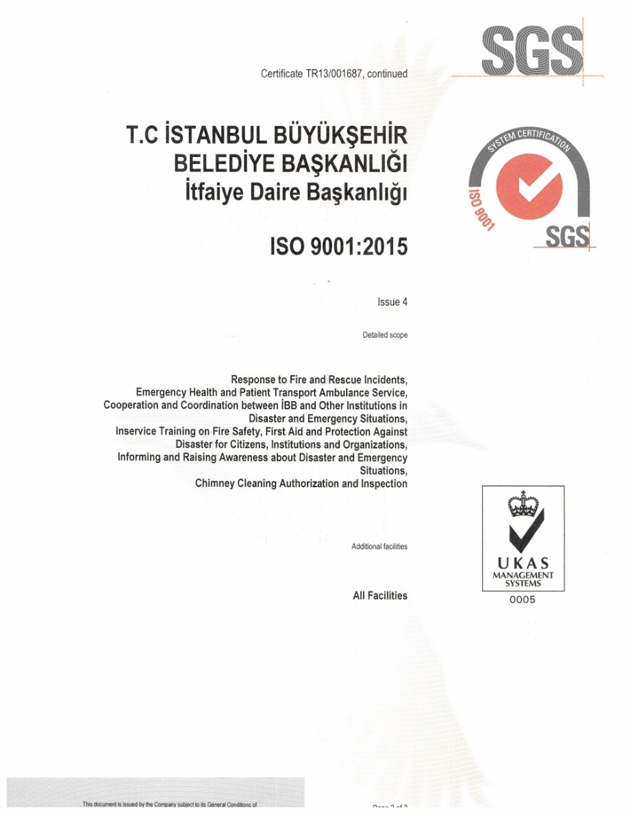 ISO Kalite Belgesi - İstanbul İtfaiyesi