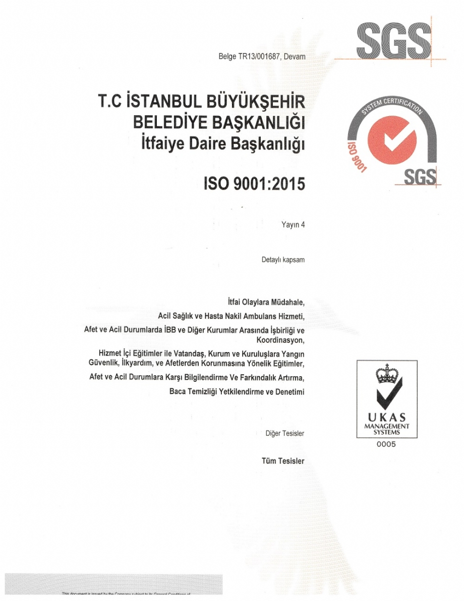 ISO Kalite Belgesi - İstanbul İtfaiyesi